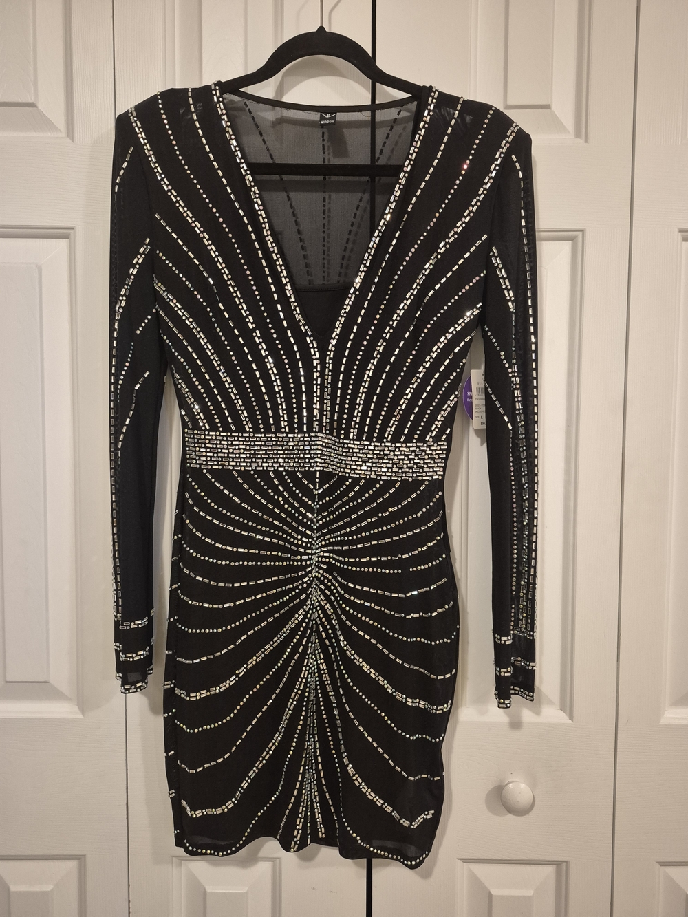 Windsor Black Long-Sleeve V-Neck Rhinestone Bodycon Dress